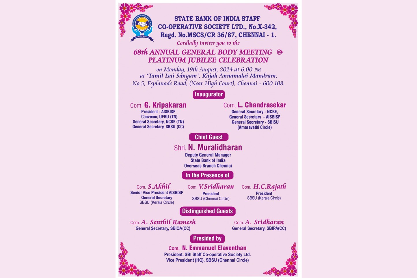 68th ANNUAL GENERAL BODY MEETING & PLATINUM JUBILEE CELEBRATION